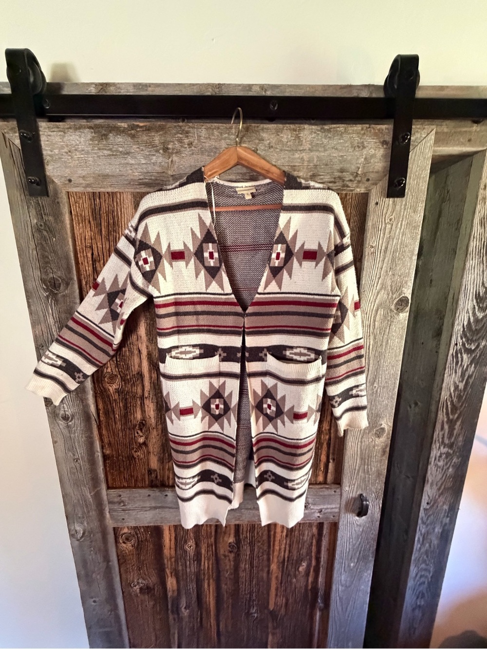 Tasha Polizzi Cream Aztec Open Cardigan with Burgundy and Gray Accents
